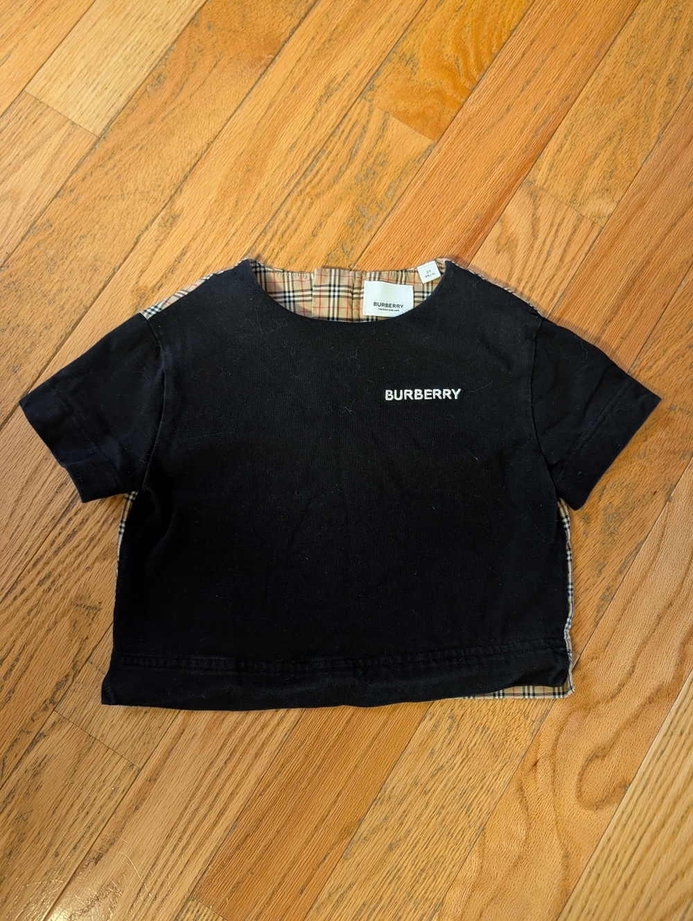Burberry Kids Youth Vintage Poplin Check Panel Cotton Jersey T-shirt Plaid Black